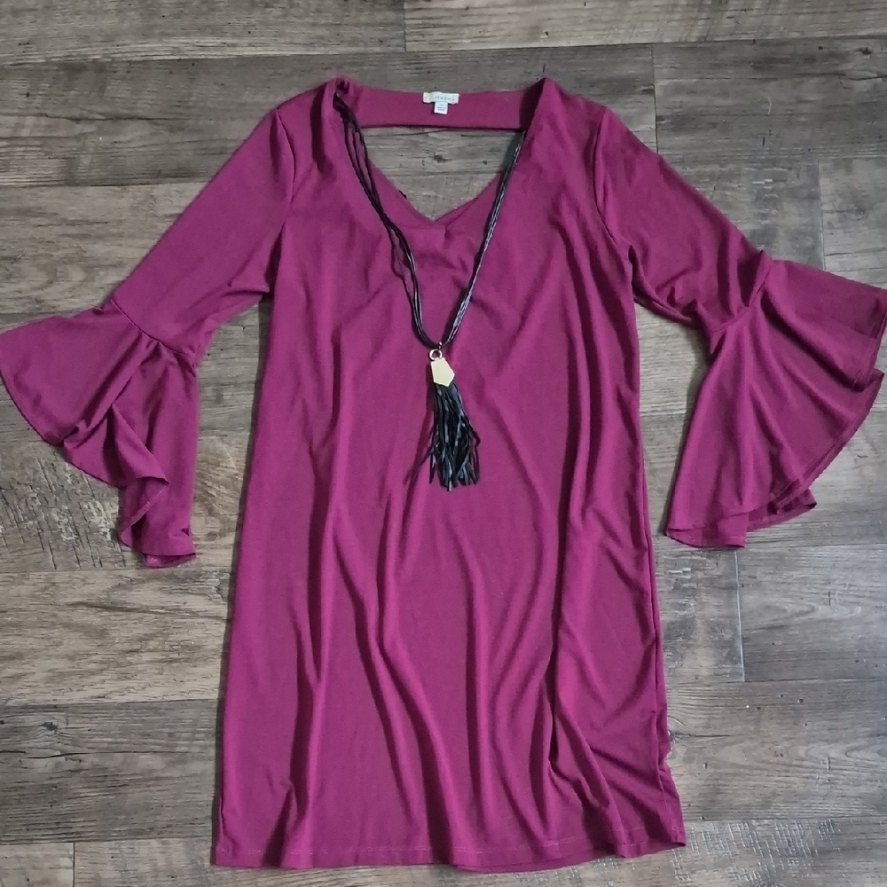 Haani Burgundy V-neckline Dress with Bell Sleeves